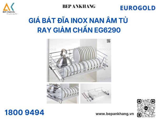 Giá bát đĩa inox nan âm tủ gắn cánh, ray giảm chấn EG6280